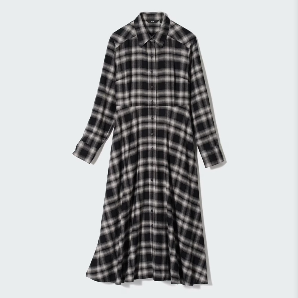 Uniqlo Black & White Checkered Long-Sleeve Shirtdress